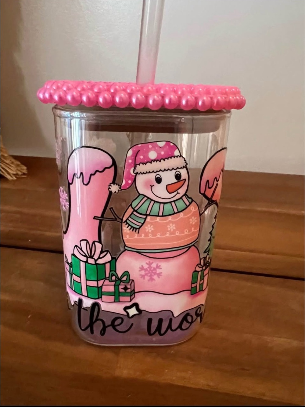 Pink Snowman Holiday Tumbler with Straw - Festive Winter Drink Cup